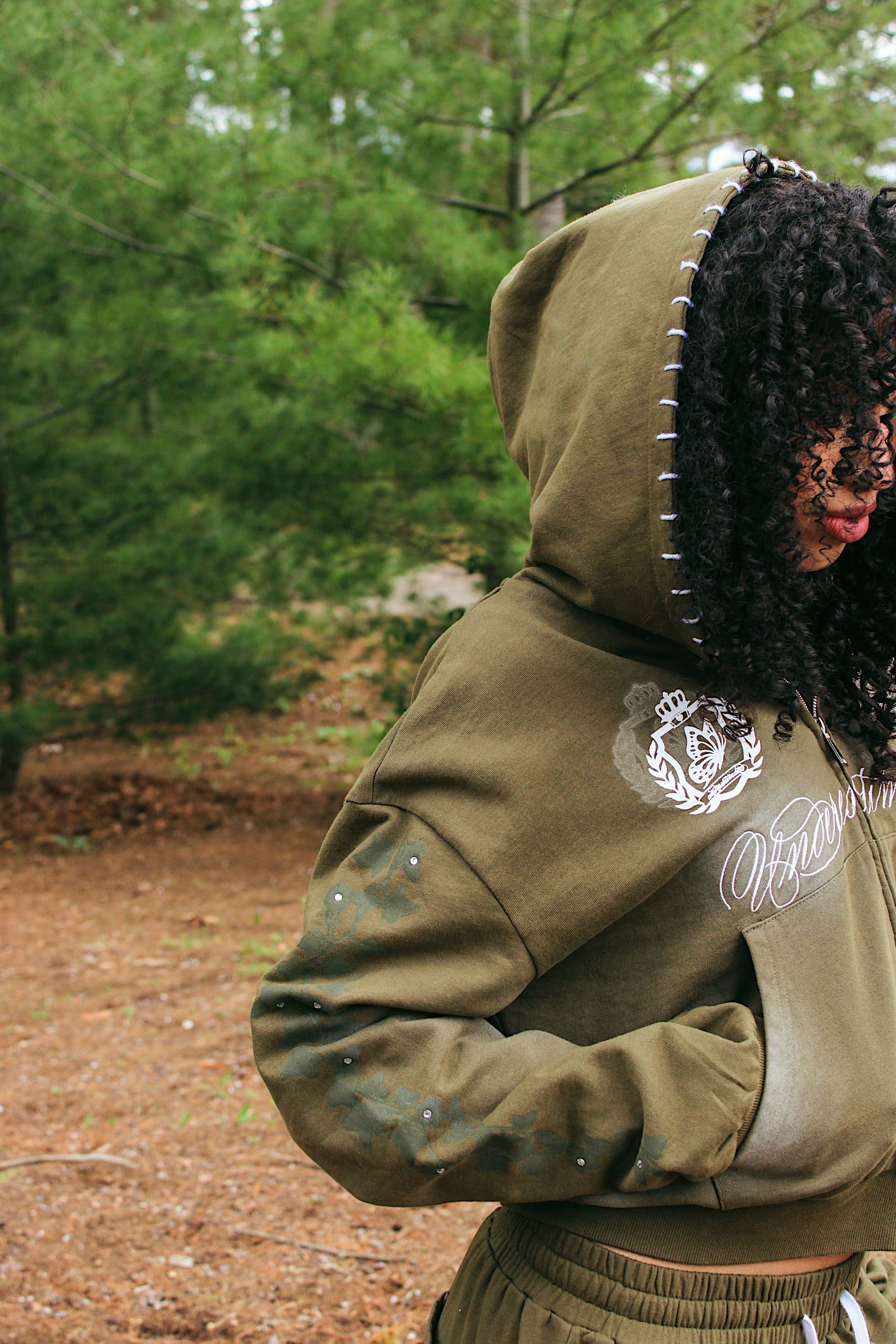 Cropped Rhinestone Zip-up Hoodie (two color-ways available)